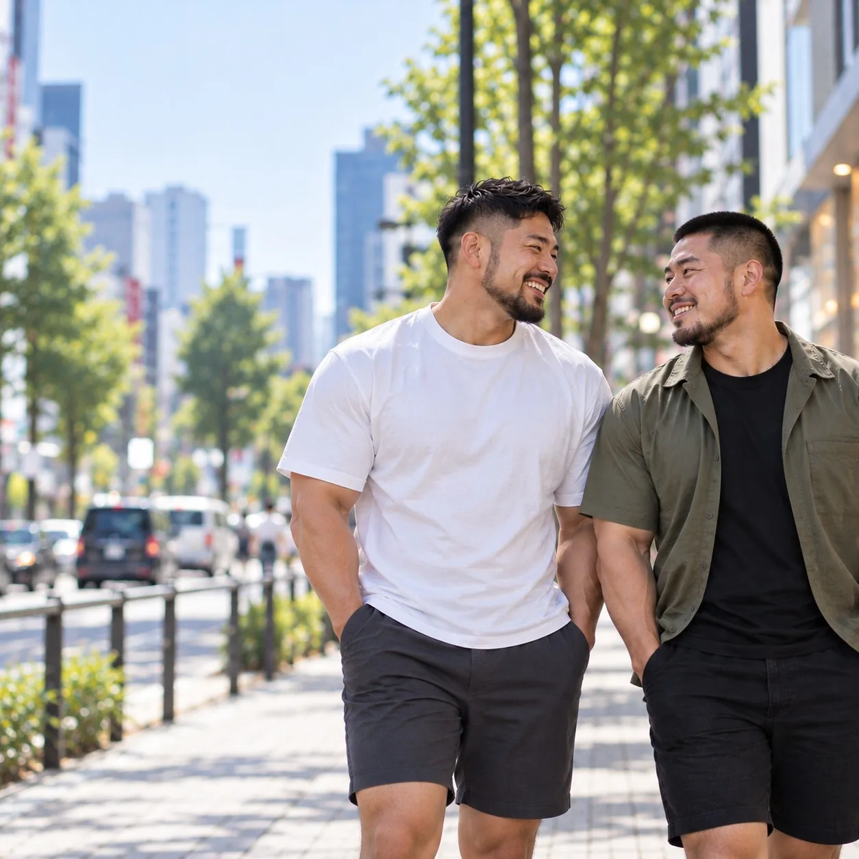 晴れた日の街を、笑いながら並んで歩く2人