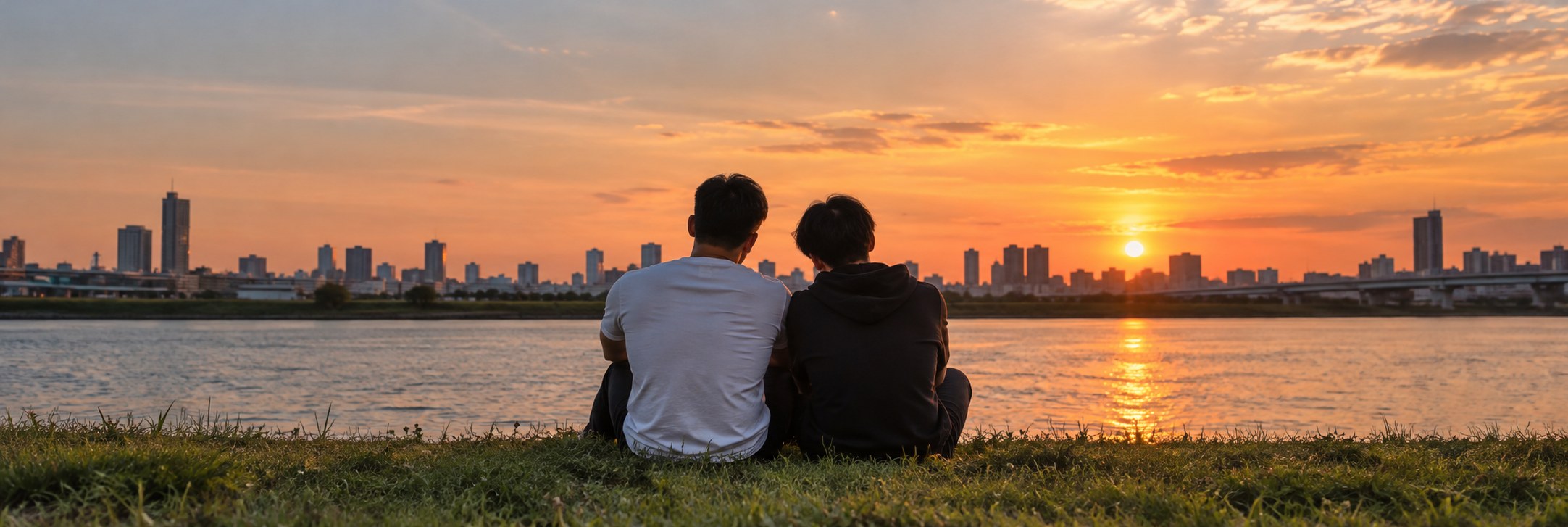 แผ่นหลังของสองคนที่นั่งเคียงกันริมแม่น้ำยามเย็น
